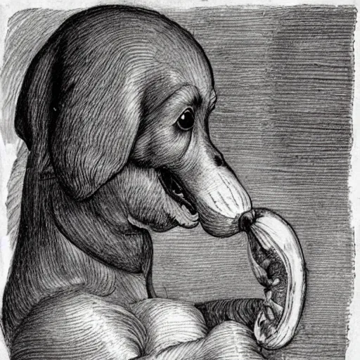 Image similar to drawing of a dog eating a banana, intricate, digital painting, sharp focus, old paper, by Leonardo Da Vinci,