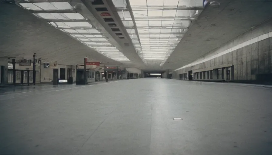 Image similar to 60s movie still of a sovietic stalinist style empty railway station, cinestill 800t 50mm eastmancolor, liminal Space style, heavy grain-s 150