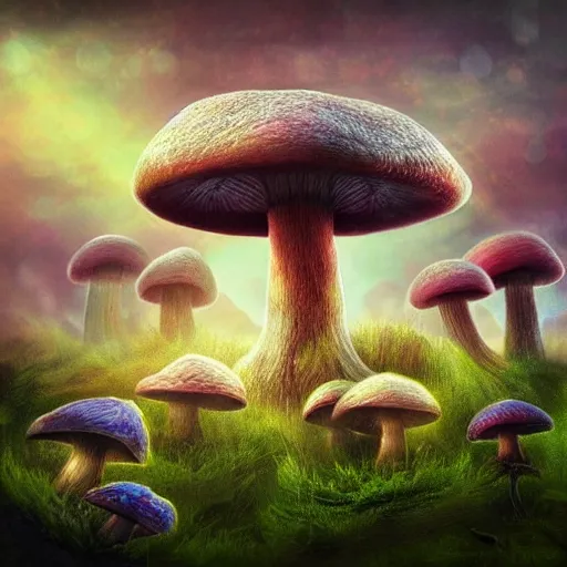 Image similar to surreal mushroom realm, multidimensional, fantasy, trending on artstation, beautiful, landscape, weird, valley, field