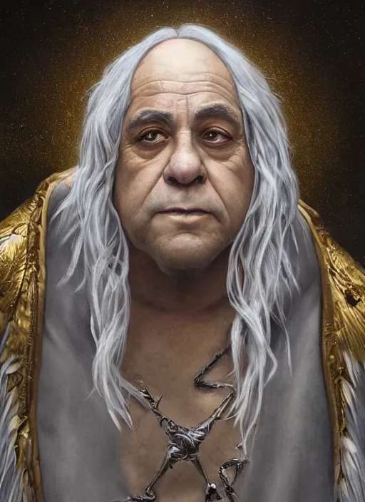 Prompt: Portrait of Danny DeVito, white glowing eyes, silver shaggy hair, cloak, ethereal wings, male, fantasy, extremely detailed, digital painting, artstation, concept art, smooth, sharp focus, illustration, stunning lighting, art by artgerm and greg rutkowski and alphonse mucha and simon stalenhag, realistic character concept, high fantasy, light atmosphere, golden ratio, cinematic lighting, hyperdetailed, high resolution, insanely detailed and intricate, artstation, Marc Simonetti, Greg Rutkowski, 8k