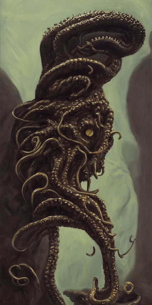 Prompt: a stunning and noble highly detailed portrait of cthulhu by josep tapiro baro and edward hopper, trending on artstation, oil painting masterpiece, symmetry, mysterious, very very very aesthetic