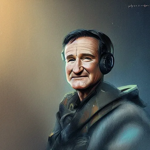 Prompt: robin williams dressed as a bladerunner, sci fi, intricate, elegant, highly detailed, digital painting, artstation, concept art, matte, sharp focus, illustration, luminist and baroque style