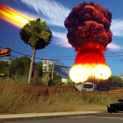 Prompt: nuclear explosion, huge mushroom cloud, grand theft auto 5 screenshot