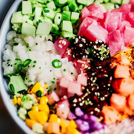 Prompt: poke food, canon eos r 3, f / 1. 4, iso 2 0 0, 1 / 1 6 0 s, 8 k, raw, unedited, symmetrical balance, in - frame,