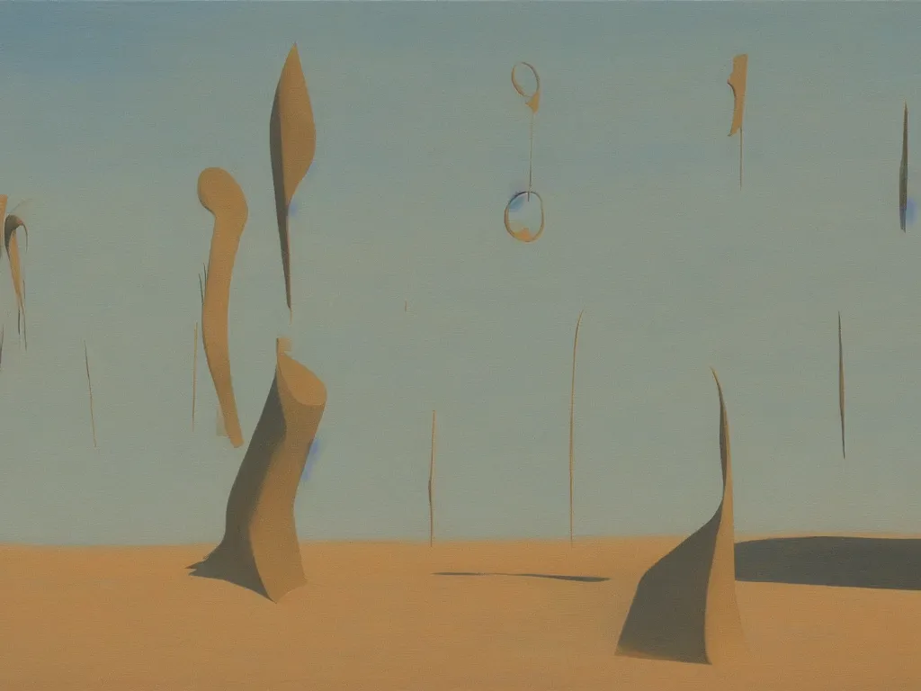 Prompt: a serene landscape of abstract sculptures in the desert, painting by edward hooper