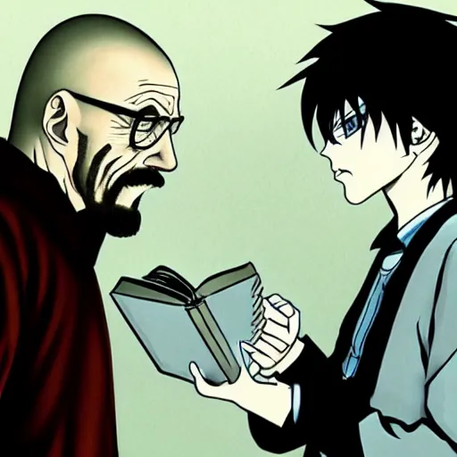 Image similar to Walter white from Breaking Bad speaking with Ryuk from death note, anime