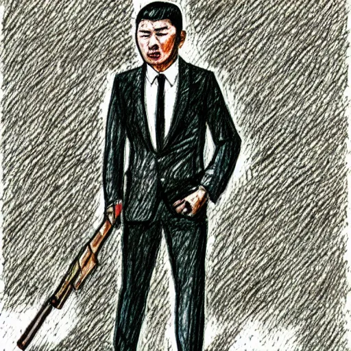 Prompt: A drawing of Kazakh mafia in stylish Italian suits with Tommy guns, smoking cigars