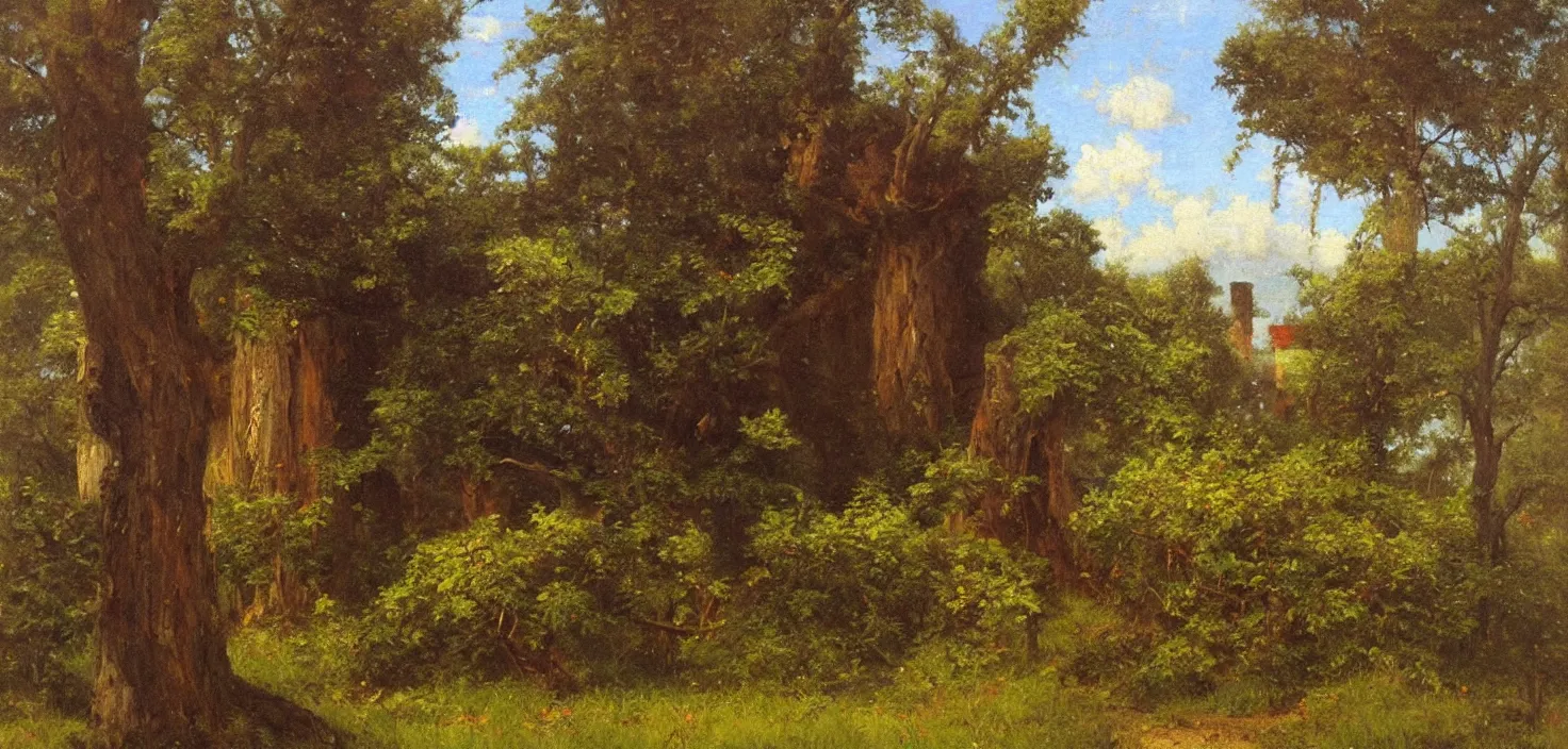 Image similar to Huge flowers growing on tree trunks and holes in buildings, Hudson River school