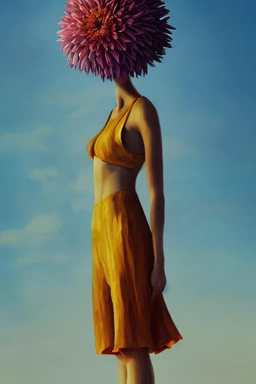 Image similar to closeup giant dahlia flower head, girl standing on beach, surreal photography, blue sky, sunrise, dramatic light, impressionist painting, digital painting, artstation, simon stalenhag