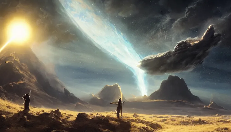 Prompt: a beautiful painting of gandalf watching a huge meteorite destroy an alien world with dual suns, ray traced lighting by jean kalin popov and greg rutkowski