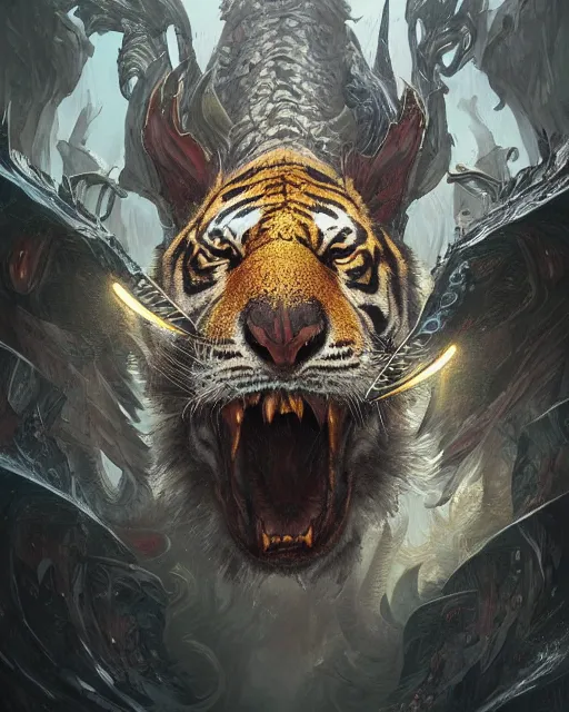 Image similar to A tiger as a dragon, scare, highly detailed face, full body, fantasy art, monster art, in the style of greg rutkowski, illustration, epic, fantasy, intricate, hyper detailed, artstation, concept art, smooth, sharp focus, ray tracing