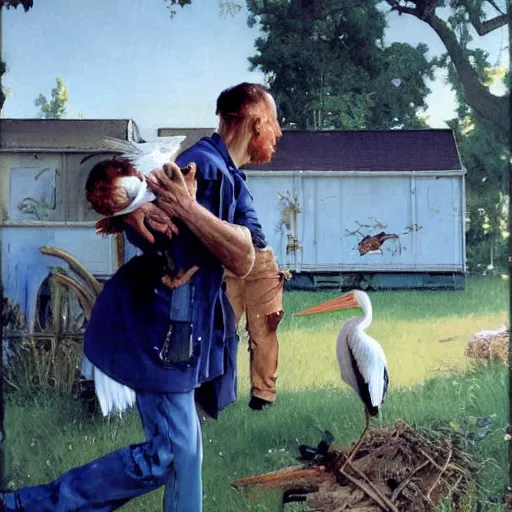 Image similar to a stork is carrying a human baby with a bag in its mouth. a man is chasing the stork away with a shotgun. they're in a trailer park. norman rockwell painting. highly detailed, high quality, 8 k, soft lighting, realistic face, path traced