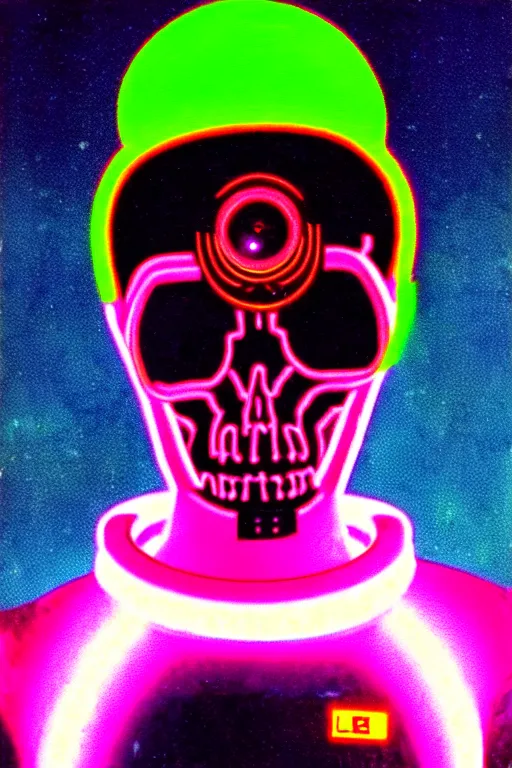 Image similar to astronaut with neon glowing skull 1 9 6 0 s color _ bleed _ video compression video glitch vhs footage akira kurosawa mamoru oshii wes anderson