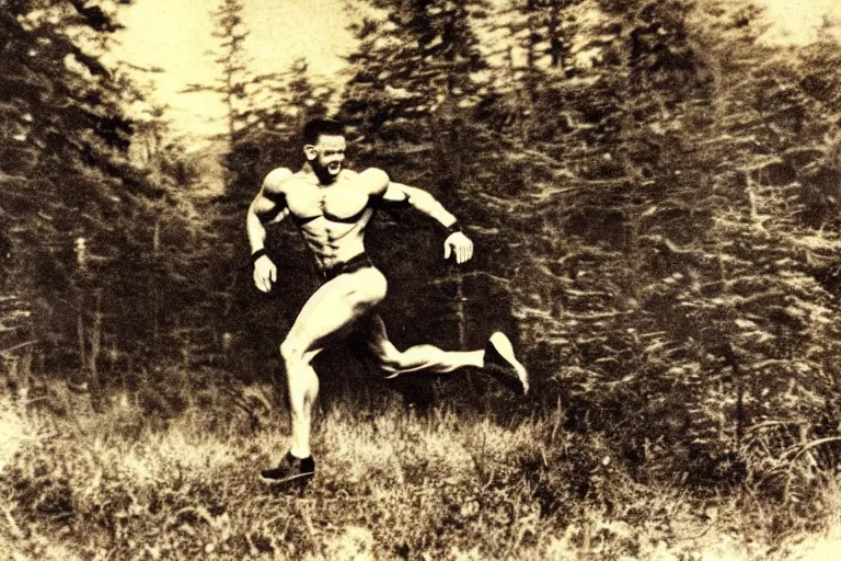 Image similar to old photo of a muscular man running for his life after seeing a monster for the first time, funny