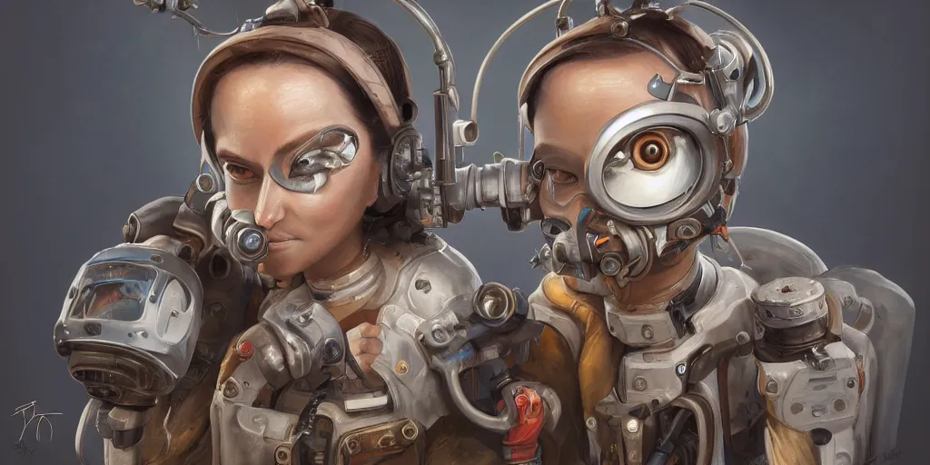 Image similar to highly detailed portrait painting of welder and angelina joile, mono eye, perfect symmetrical eyes, by eddie mendoza and tyler edlin, 8 k resolution