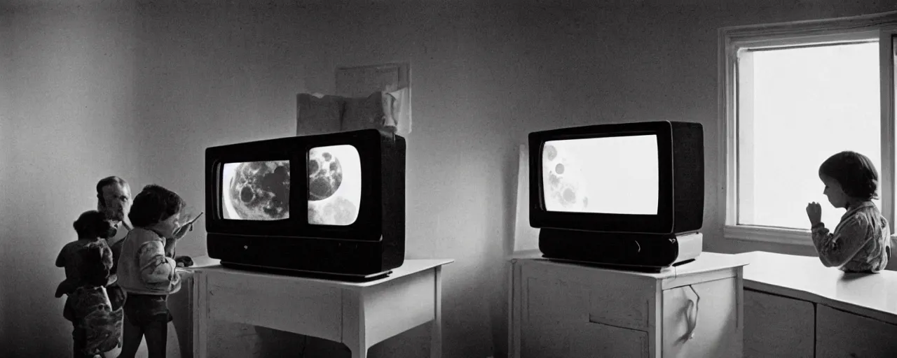 Image similar to a tv showing the moon landing while a family eats spaghetti, in the style of diane arbus, canon 5 0 mm, wes anderson film, kodachrome, retro