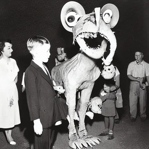 Prompt: 1 9 5 0's photograph of eerie animatronic animal at birthday party