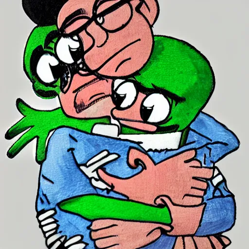 Prompt: super rich pepe hugging each other