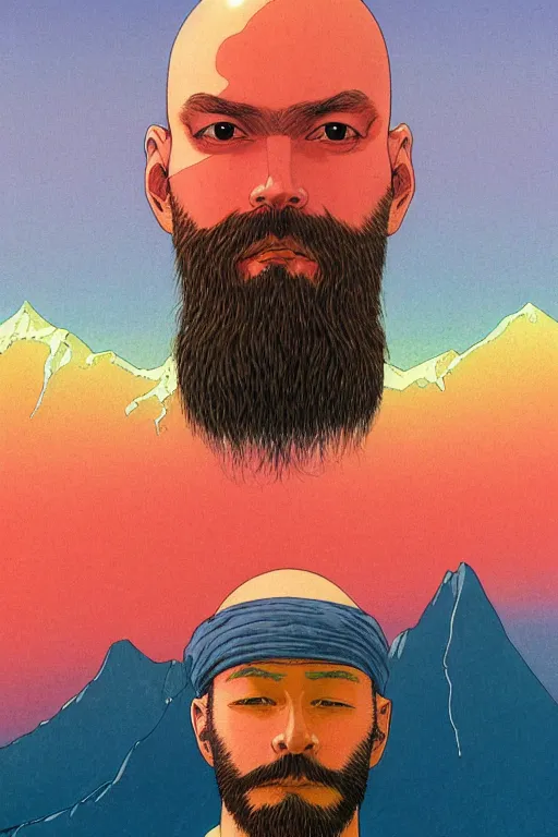 Image similar to a colorful closeup portrait of a young bald man with a very long wild beard dreaming psychedelic hallucinations in the vast icy landscape of antarctica, by kawase hasui, moebius and edward hopper, colorful flat surreal design, hd, 8 k, artstation