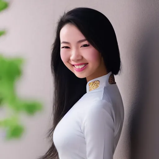 Image similar to beautiful half vietnamese wearing an elegant ao dai, tanned woman, smiling, portrait, photorealistic