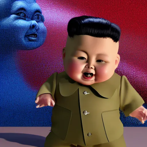 Prompt: kim jong un doll watching screaming chucky doll fireworks octane render