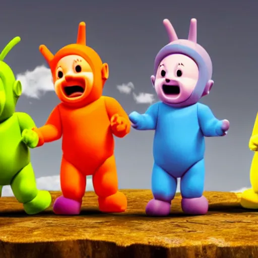 Prompt: A group of 4 Teletubbies, laughing as they use a knife to sacrifice a fellow Teletubby, on a stone table in the living room of an abandoned house. Highly detailed, rendered in unreal engine 5, daguerreotype portrait.