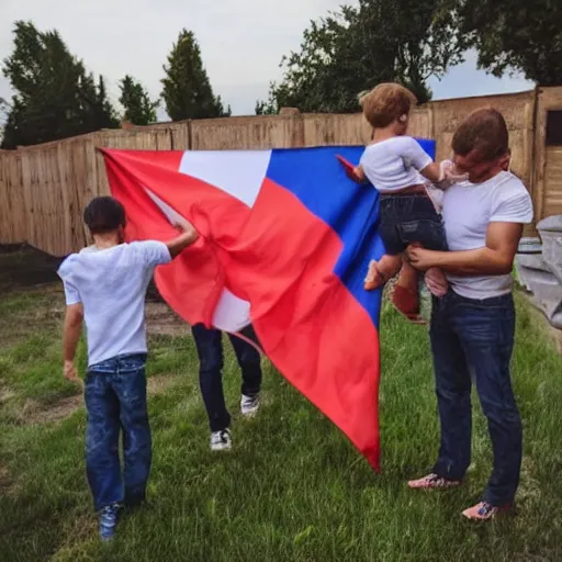 Prompt: a family burning the serbian flag