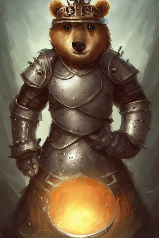 Image similar to cute little anthropomorphic bear knight wearing a cape and a crown, tiny, small, miniature bear, baby animal, short, pale blue armor, cute and adorable, pretty, beautiful, DnD character art portrait, matte fantasy painting, DeviantArt Artstation, by Jason Felix by Steve Argyle by Tyler Jacobson by Peter Mohrbacher, cinematic lighting