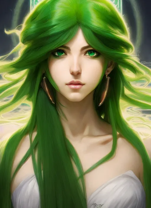 Image similar to portrait, from left, head and body, palutena, piercing green eyes, green hair, concept art, unreal engine, by rossdraws, frank franzzeta, intricate, masterpiece, elegant, hyper, concept art, smooth, sharp focus, illustration, art by artgerm and greg rutkowski and alphonse mucha and garis edelweiss