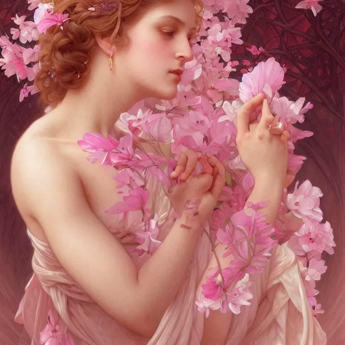 Image similar to pink petals with a ahape of a wonderful goddess, intricate, elegant, highly detailed, wonderful eyes, sweet, digital painting, artstation, concept art, smooth, sharp focus, illustration, art by artgerm and greg rutkowski and alphonse mucha and william - adolphe bouguereau