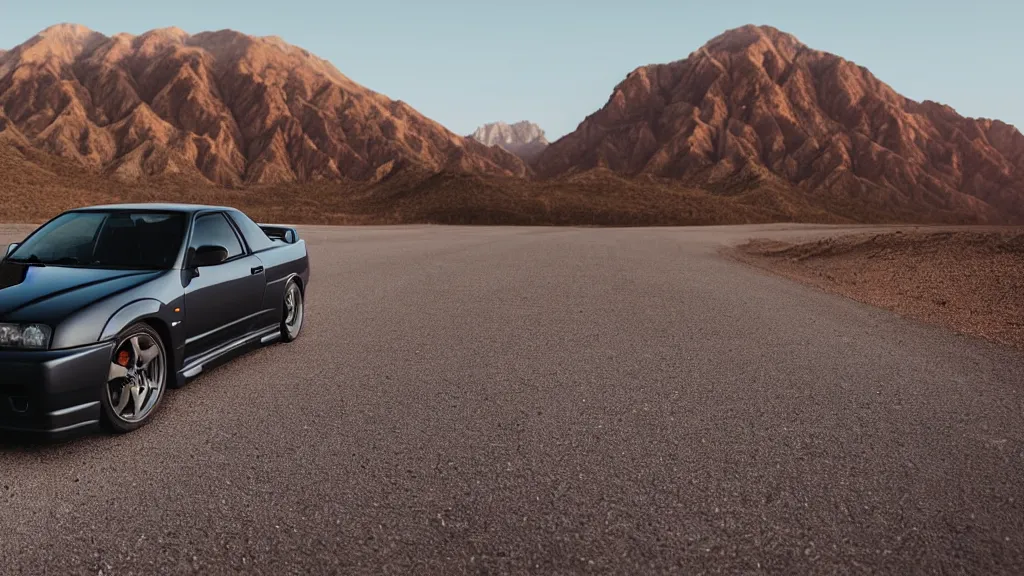 Image similar to three quarter front photo of a stock dark grey nissan r 3 2 skyline gtr on a road in a desert with a mountain in the background in the early morning, car photography, depth of field, zoom lens, blue hour, photorealistic