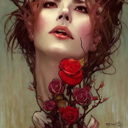 Prompt: portrait of a menacing beautiful vampire, face only, by Stanley Artgerm Lau , greg rutkowski, thomas kindkade, alphonse mucha, loish, norman rockwell, J. C. Leyendecker. hair waving in the wind, pale skin, sinister complexion, bordered by thorny roses. D&D, fantasy. Trending on artstation rule of thirds extremely detailed illustration hd 4k