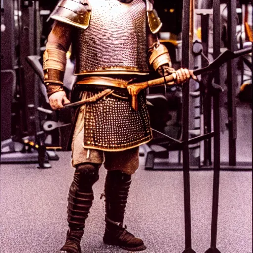 Image similar to photo of viking with armour at the gym cinestill, 8 0 0 t, 3 5 mm, full - hd