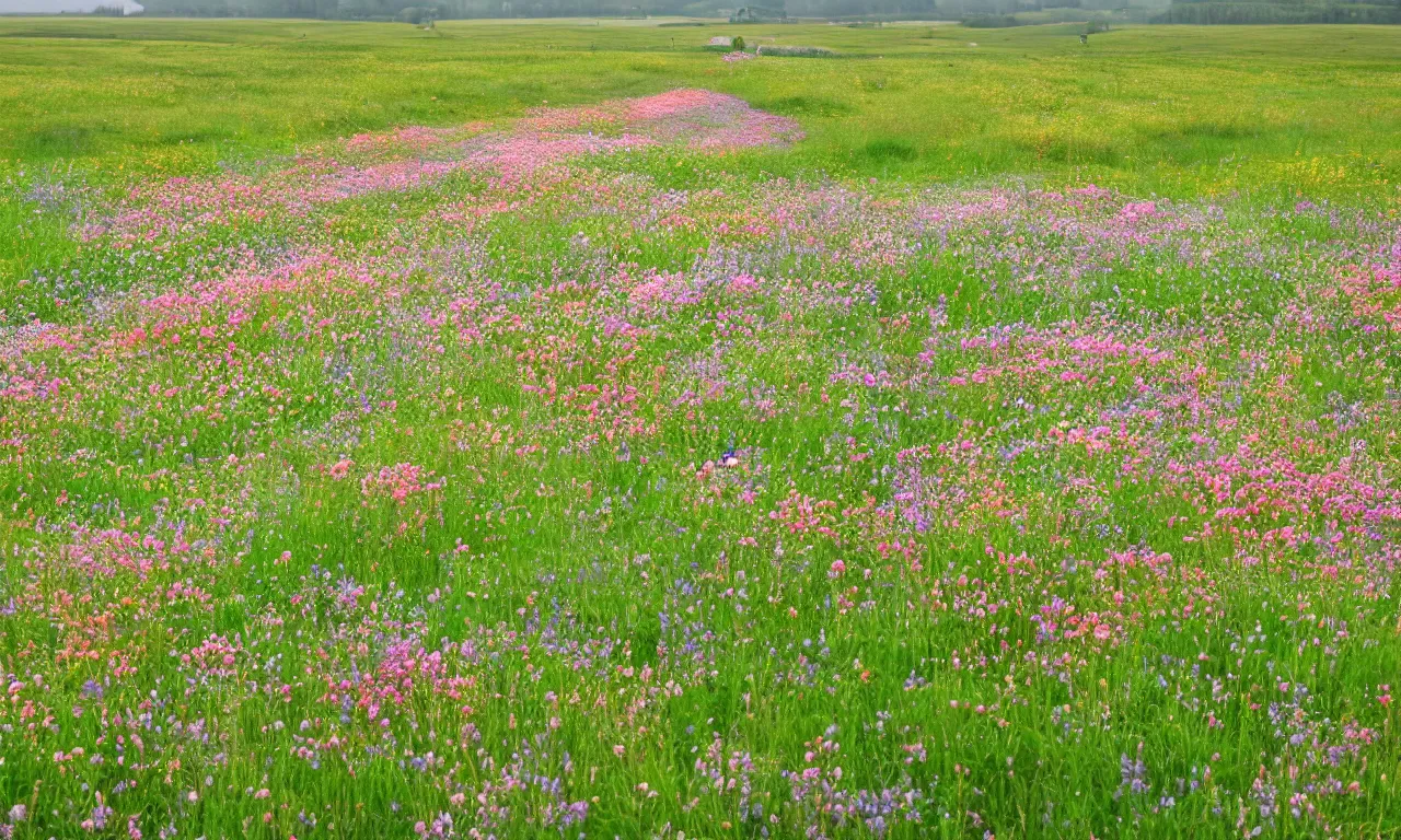 Prompt: happy birthday, summer field, flowers, danish cookery, worn - out road, nordic pastel colors, perfect lightning