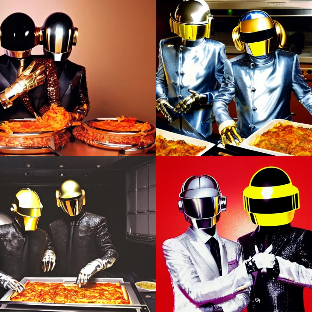 Prompt: daft punk cooking a lasagna