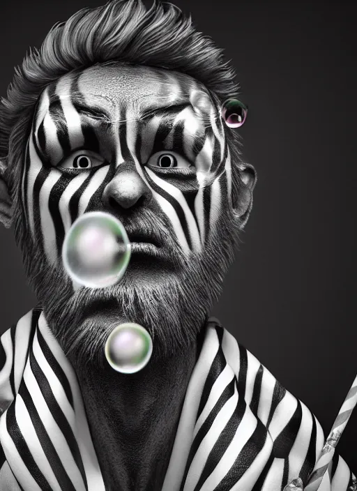 Prompt: an anthropomorphic beautiful male wizard portrait blowing bubbles wearing black and white stripes robe, fine art, award winning, intricate, elegant, sharp focus, octane render, hyperrealistic, cinematic lighting, highly detailed, digital painting, 8 k concept art, art by jamie hewlett and z. w. gu, masterpiece, trending on artstation, 8 k