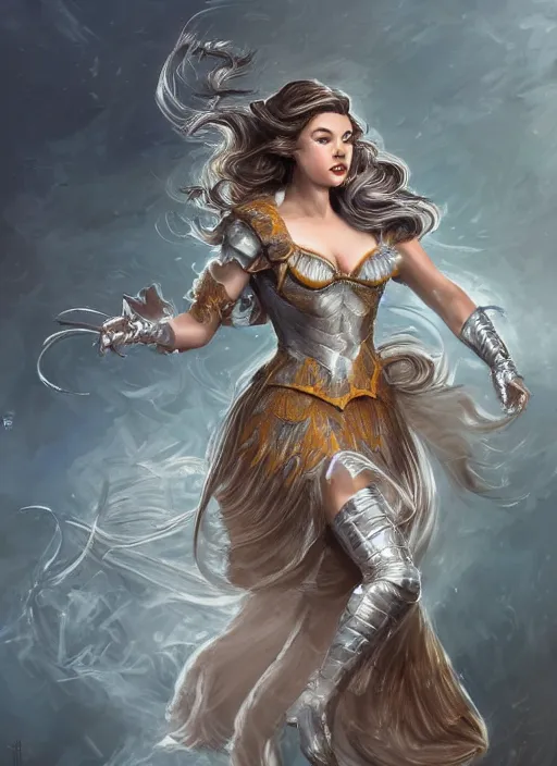 Image similar to beautiful female dorothy gale, rebecca romijn as dorothy, full body character concept, covered in full beautiful silver armor, art nouveau, super powers, fantasy, intricate, elegant, highly detailed, digital painting, artstation, concept art, shining, sharp focus, illustration, art by stanley lau