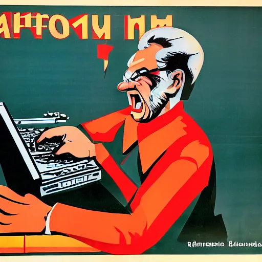 Image similar to soviet propaganda poster of an angry communist developer yelling at his computer