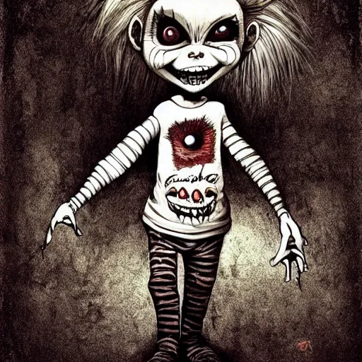 Image similar to grunge cartoon drawing of a cute chucky by - michael karcz , in the style of corpse bride, loony toons style, horror themed, detailed, elegant, intricate