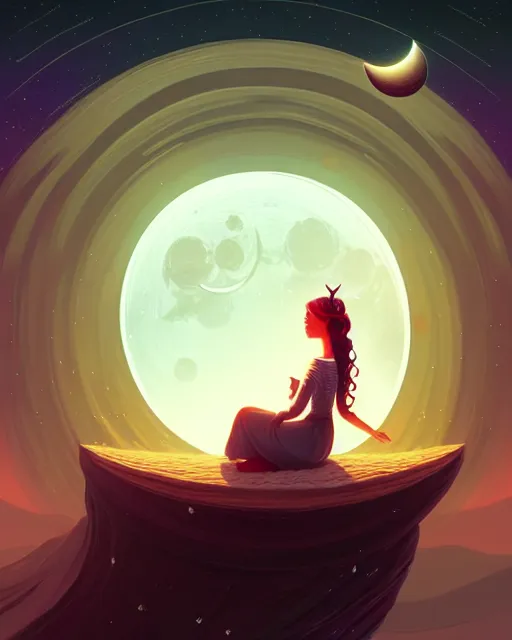 Image similar to beautiful painting of elven sitting on her flying bed and looking at the moon, art by mike winkelmann and by petros afshar, sky night, illustration, highly detailed, simple, smooth and clean vector curves, no jagged lines, vector art, smooth, artstation