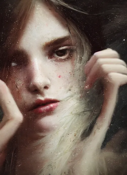 Image similar to close up picture of a white dress girl, hard breathing, messy hair, reaching a hands to the camera, treasures on the background, coveted, beautiful and aesthetic and attractive and detailed face, specular reflection, occlusion shadow, intricate, bokeh, masterpiece, by ilya kuvshinov and jeremy lipking and quentin mabille