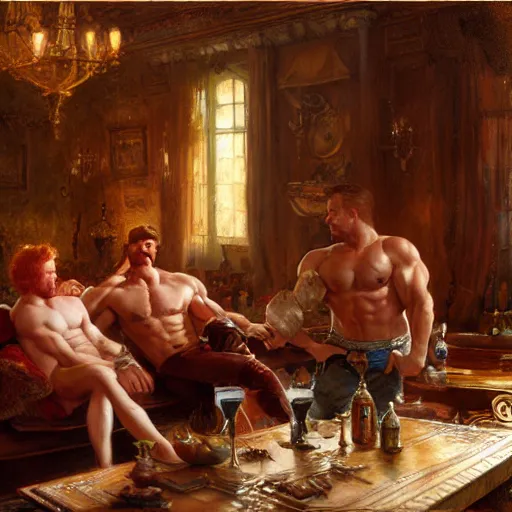 Image similar to attractive muscular mike with ginger hair with attractive tyler with brunet hair, drinking their hearts out, in their noble mansion. image defined to the maximum, highly detailed painting by gaston bussiere, craig mullins 8 k