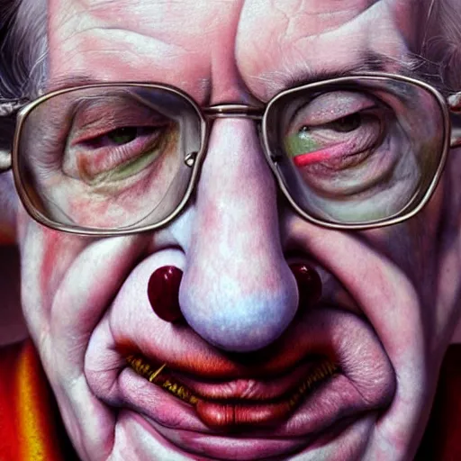 Prompt: UHD hyperrealism painting of closeup of Stephen Hawking wearing clown makeup, by Antonio Caparo and Ferdinand Knab and Greg Rutkowski, UHD, photorealistic, trending on artstation, trending on deviantart, correct face, real clown makeup
