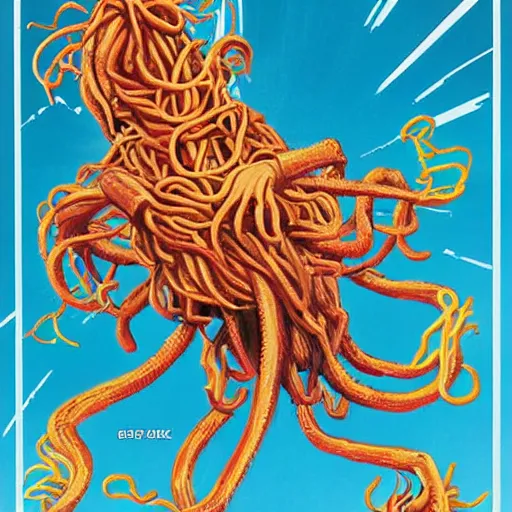 Image similar to attack of the flying spaghetti monster, movie art poster, by gerard brom and ansel adams