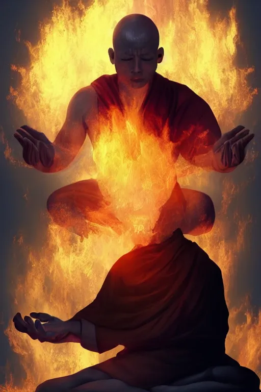 Prompt: A meditating monk on fire , Trending on artstation.