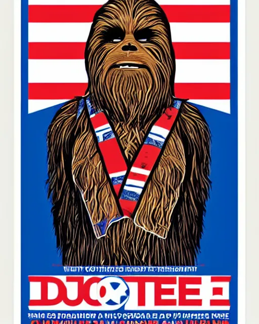 Image similar to chewbacca presidential election poster showing close up of chewbacca face red and blue duotone by sheperd fairey no text