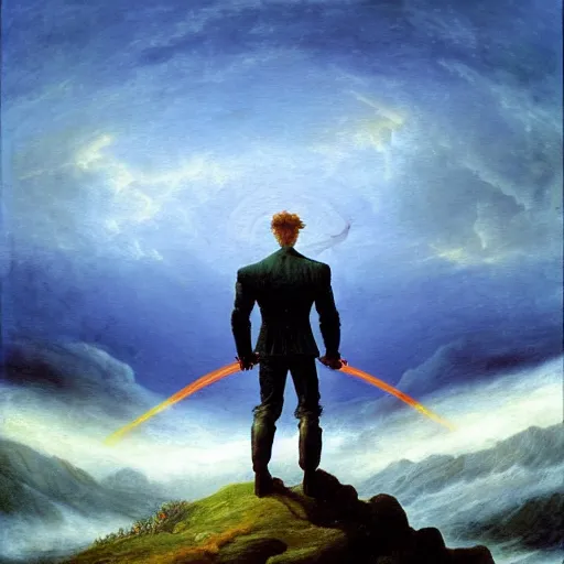 Image similar to wanderer above the sea of fog, but with ghost rider style of caspar david friedrich