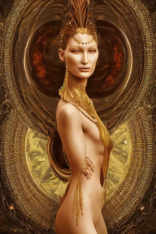 Image similar to a realistic portrait of a beautiful ancient alien woman goddess bella hadid standing in iris van herpen dress jewelery and fractals in style of alphonse mucha art nuvo dmt trending on artstation made in unreal engine 4