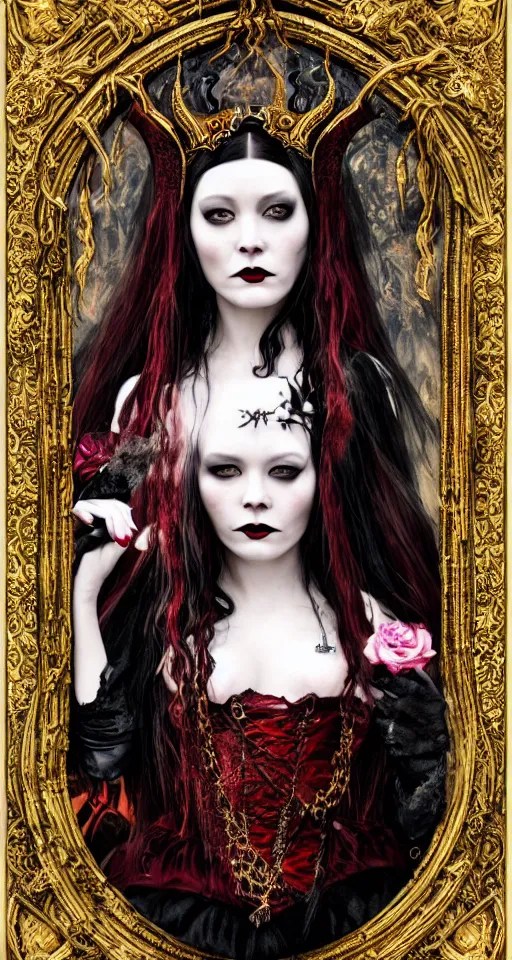 Image similar to of a supreme Lady Bathory, sinister, gothic, victorian, Portrait, extreme detail, luxury, elite, intricate, hypermaximalist, demonic, mythical, painted by Saharat Buarawong, 8K,