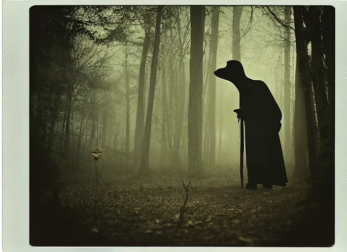 Image similar to medium shot, a plague doctor, woods, horror, polaroid photo, vintage, neutral colors, by gregory crewdson,